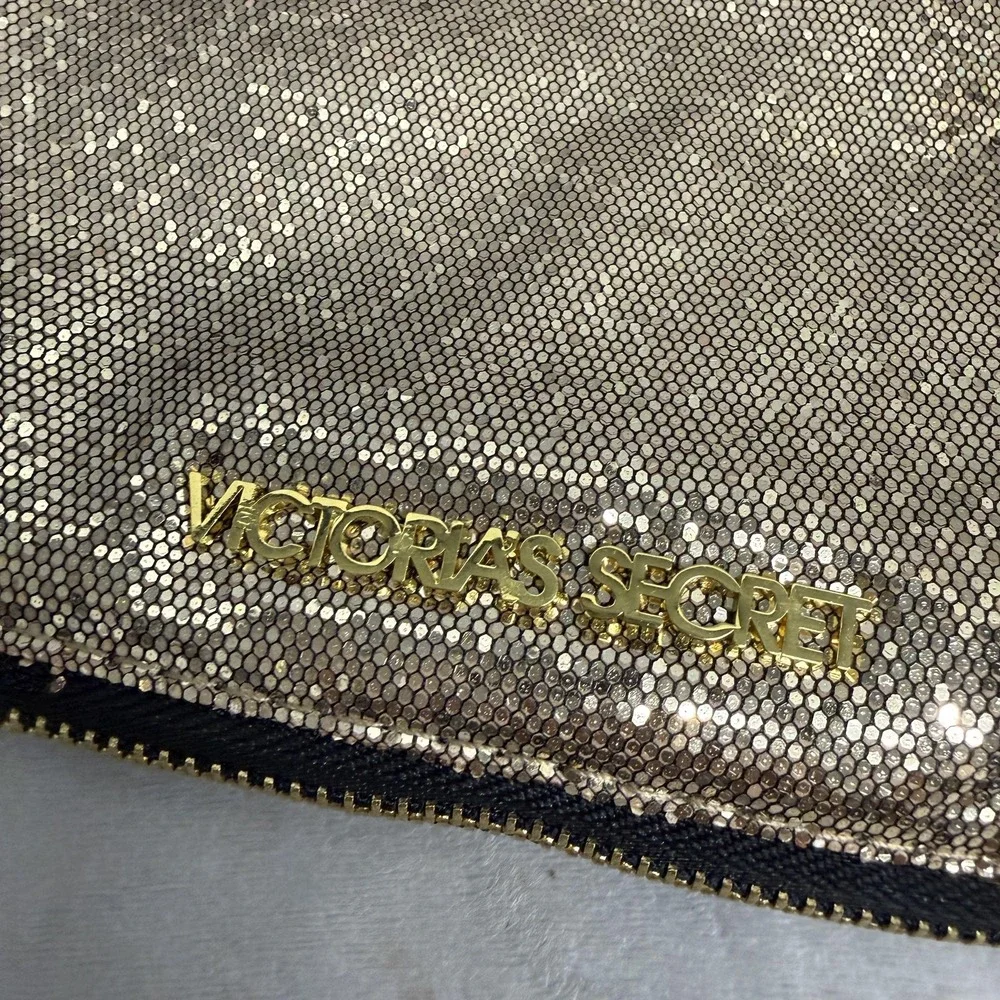 Victoria's Secret Sequin Makeup Cosmetic Bag Zipper Pouch Gold Mirror NWT